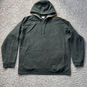 Men’s Vintage Columbia Faded Spell Out Olive Green Hoodie Sweatshirt Size XL